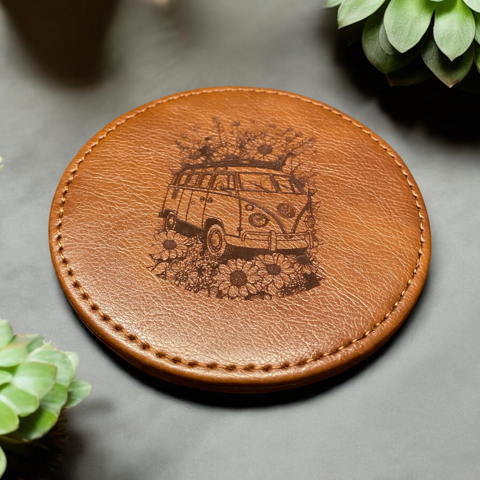 Set of 6 Leather VW Bus Flower Coasters with Holder - Custom Laser Engraved, Retro Floral VW Bus Gift Set - SystemPoint Solutions