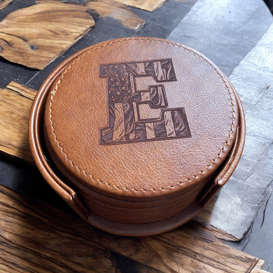 Personalized American Monogram Leather Coasters Set of 6 with Holder - SystemPoint Solutions