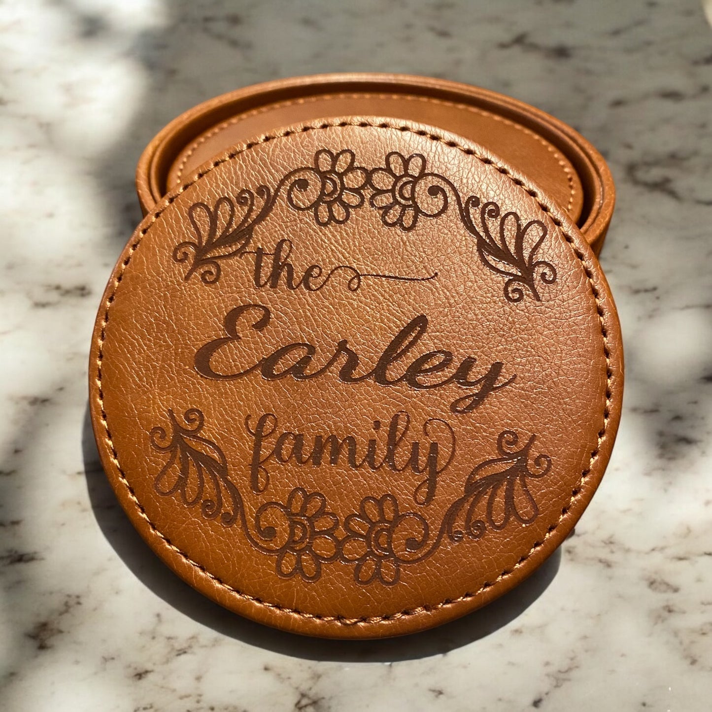 Personalized Leather Coaster Set - Engraved Family Flower Cursive Name - 6 Piece Drink Coasters with Holder - Customized Housewarming Gift - SystemPoint Solutions