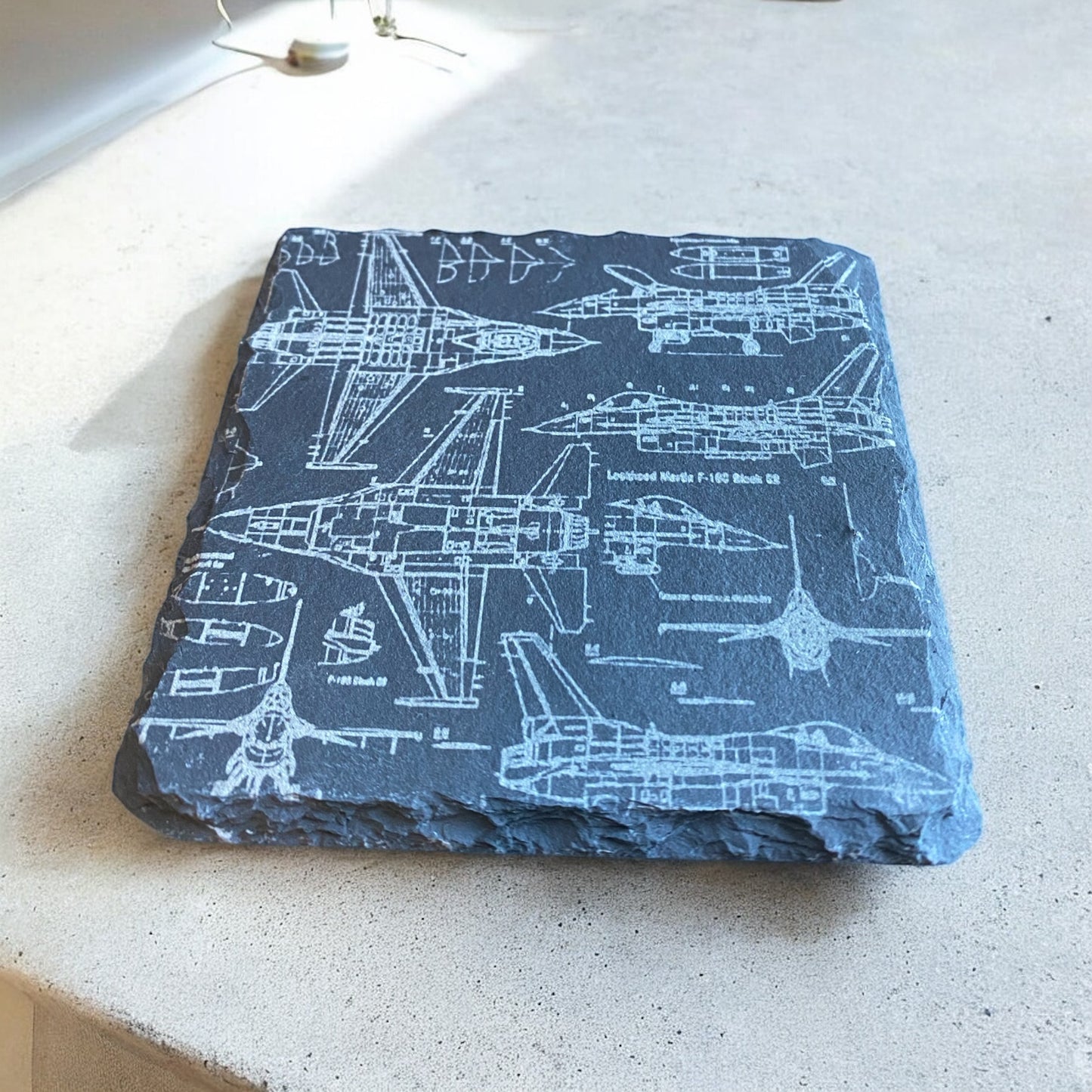 F-16 Blueprint Slate Coasters Set of 4 | Fighter Jet Drink Coasters | Military Aviation Gift | Engraved Pilot Coasters | Air Force Decor - SystemPoint Solutions