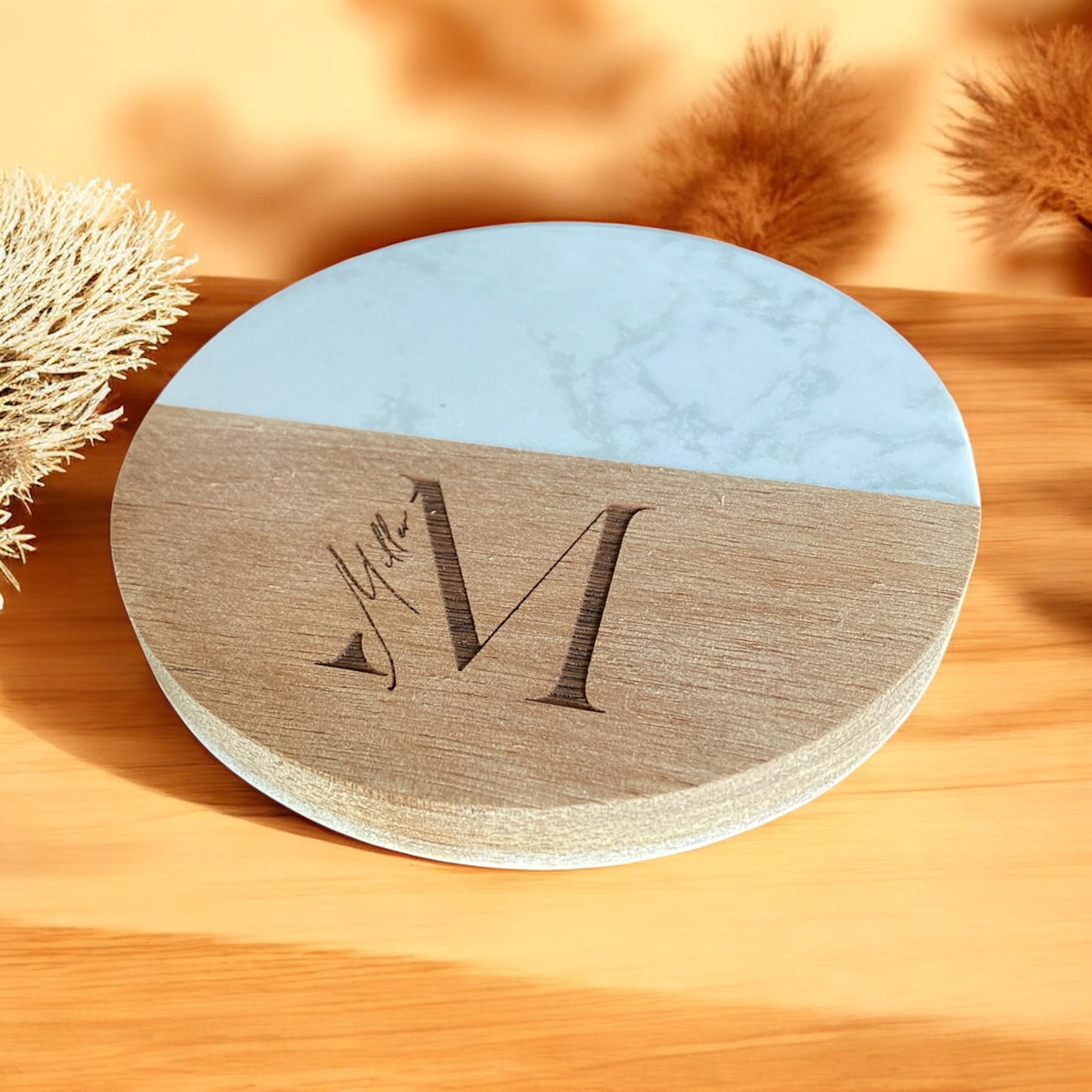 Engraved Monogram Wood and Marble Personalized Coasters - Set of 6 - SystemPoint Solutions