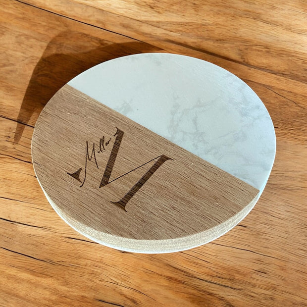 Engraved Monogram Wood and Marble Personalized Coasters - Set of 6 - SystemPoint Solutions