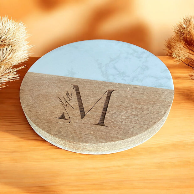 Engraved Monogram Wood and Marble Personalized Coasters - Set of 6 - SystemPoint Solutions