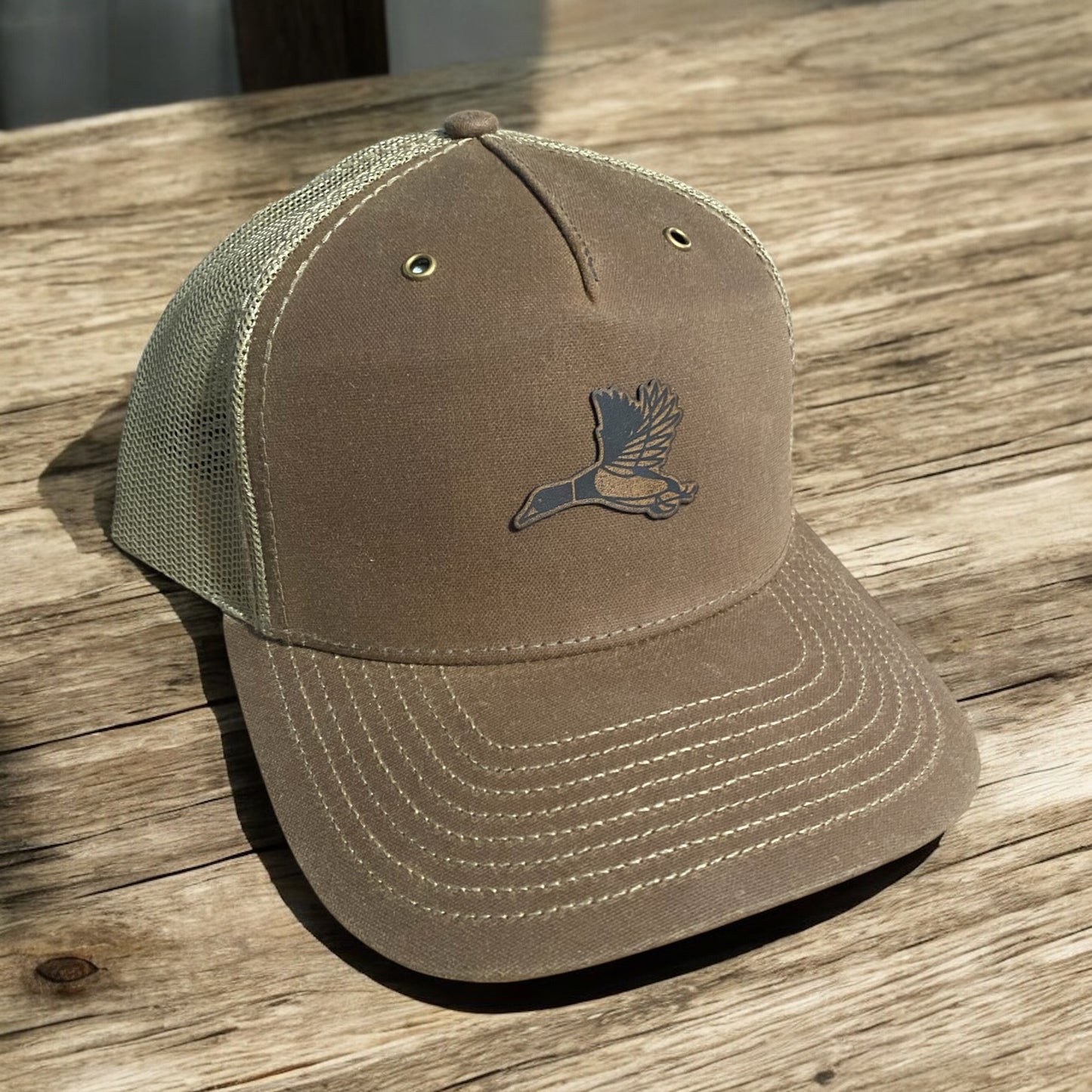 Duck Hunting Leather Patch Hat - Brown Trucker Cap - Waterfowl Hunting Snapback - Outdoor Sportsman Hat for Hunters - SystemPoint Solutions