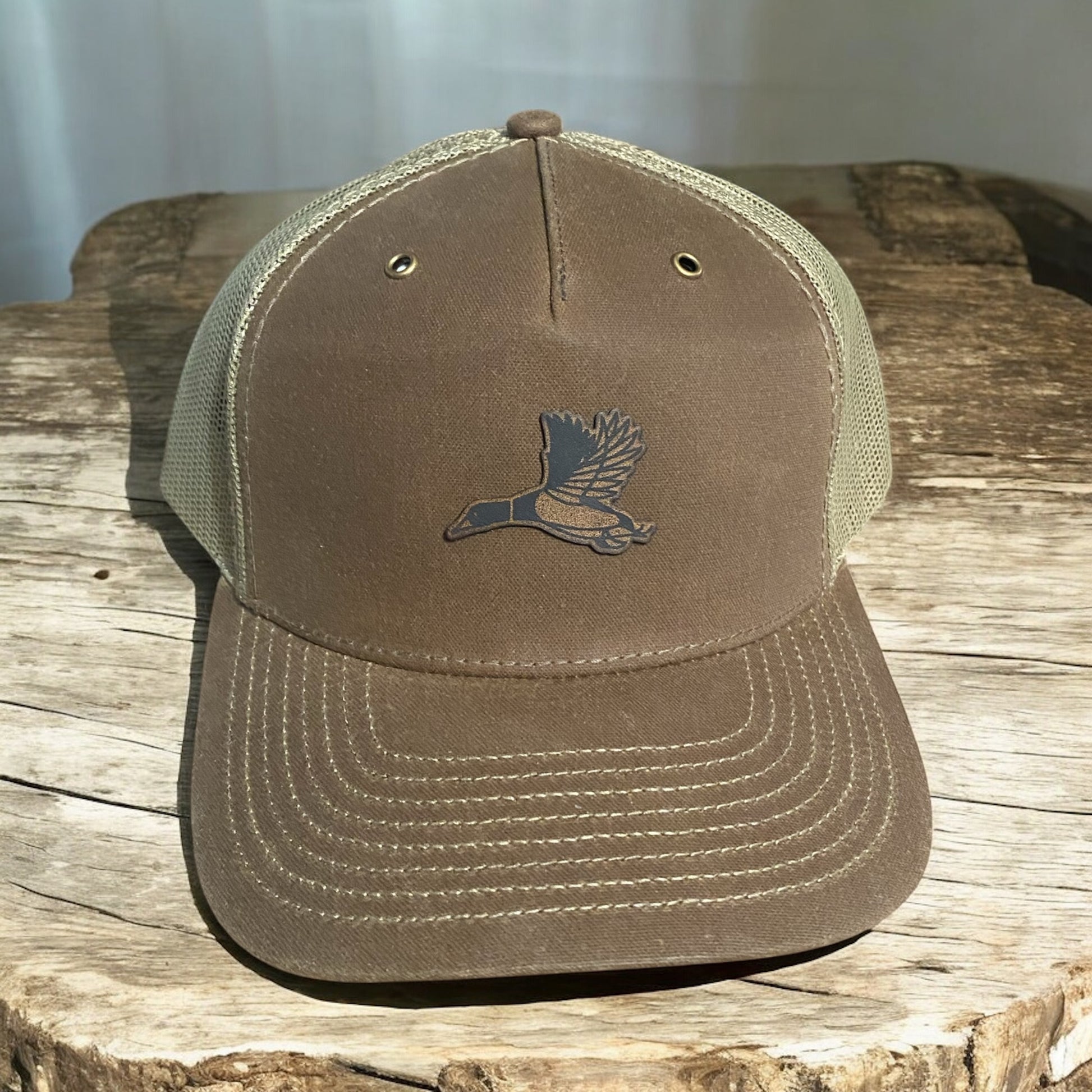 Duck Hunting Leather Patch Hat - Brown Trucker Cap - Waterfowl Hunting Snapback - Outdoor Sportsman Hat for Hunters - SystemPoint Solutions