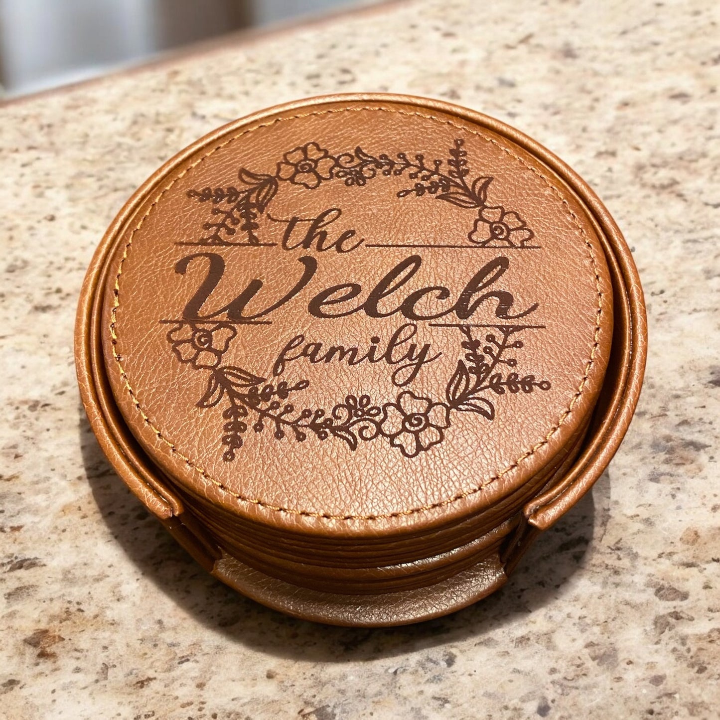 Personalized Leather Coaster Set, Engraved Arch Flower Design Family Name, 6-Piece Drink Coasters with Holder, Customized Housewarming Gift, Custom Leather Coasters, Unique Family Gift - SystemPoint Solutions