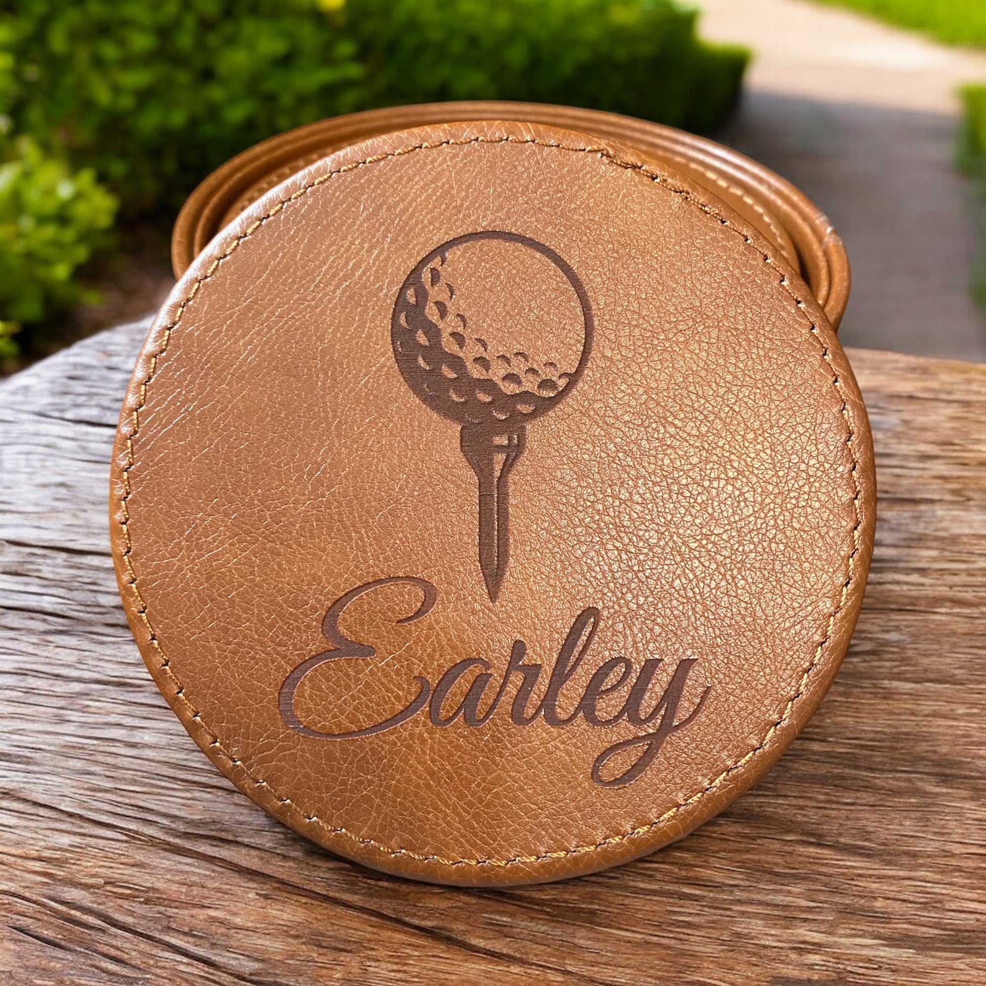 Custom Golf Ball Tee Leather Coaster Set with Family Name, Personalized Golf Gift - SystemPoint Solutions