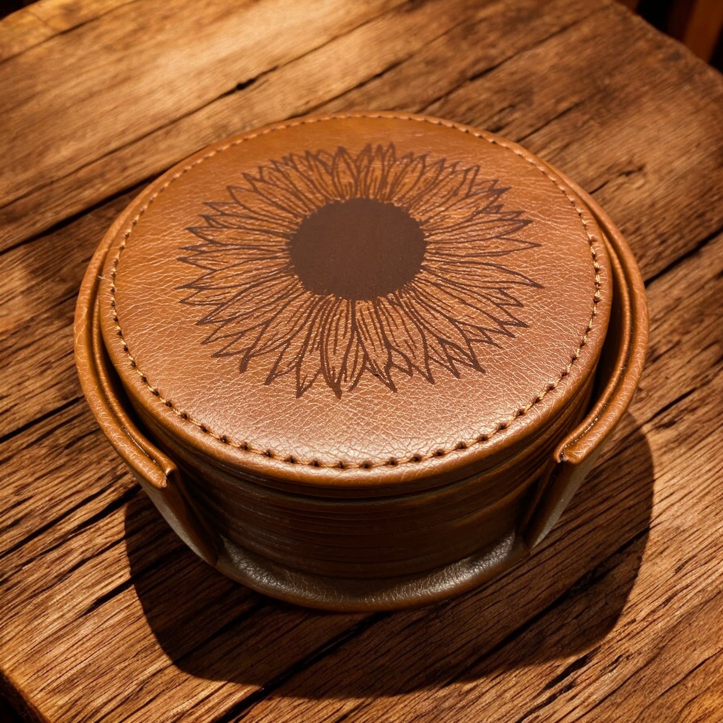 Set of 6 Leather Coasters with Holder - Custom Sunflower Theme, Laser Engraved Gift Set - SystemPoint Solutions