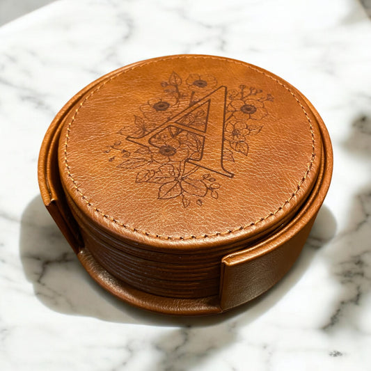 Set of 6 Leather Coasters with Holder - Custom Monogram Single Letter with Flowers, Laser Engraved Gift Set - SystemPoint Solutions