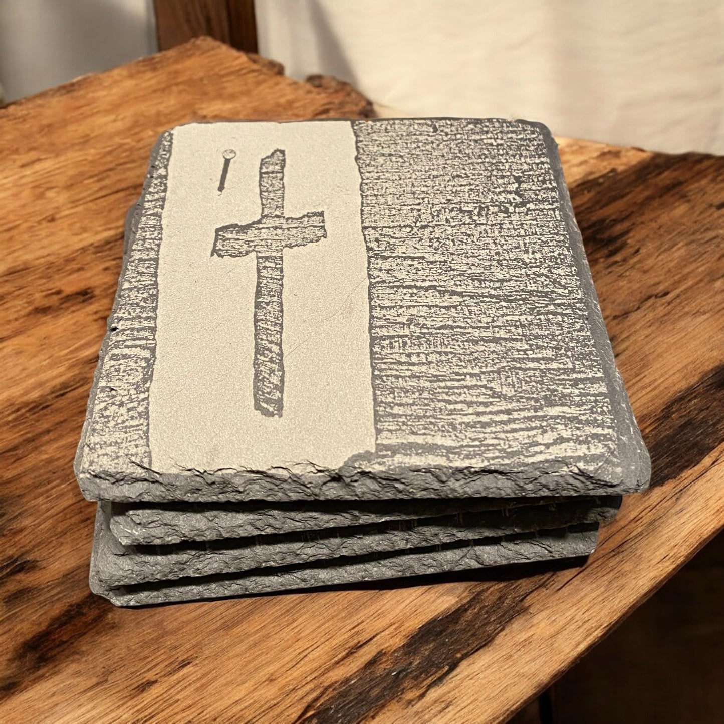 Set of 4 Cross Theme Slate Coasters - Custom Laser Engraved, Religious Coasters, Christian Gift Set - SystemPoint Solutions