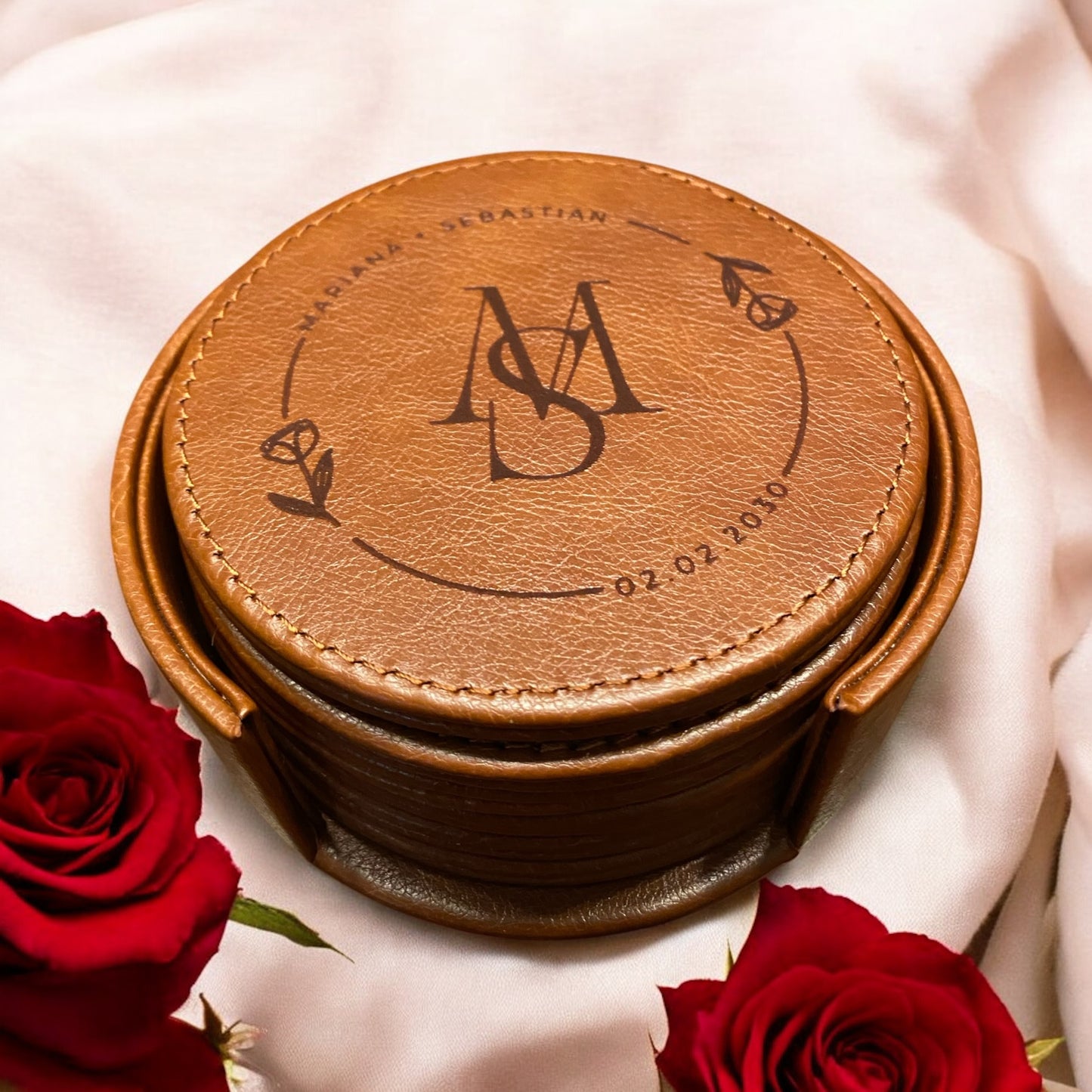 Set of 6 Leather Coasters with Holder - Custom Circle Rose Design Wedding Theme, Initials, Names & Date - SystemPoint Solutions