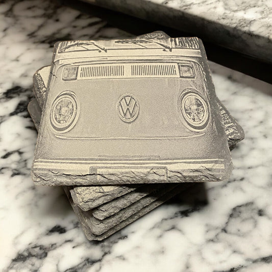 Set of 4 VW Bus Slate Coasters - Custom Laser Engraved, Retro Car Coasters, Vintage VW Bus Gift Set - SystemPoint Solutions