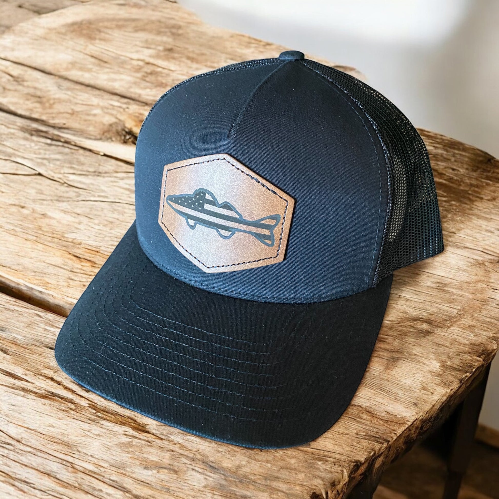 USA Walleye Hat – Leather Patch Trucker Cap | American Flag Fishing Hat | Custom Engraved Fishing Gift | Outdoorsman & Angler Hat - SystemPoint Solutions