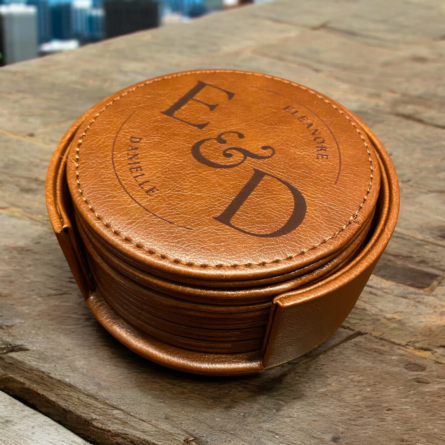 Set of 6 Leather Coasters with Holder - Custom Circle Design Letter Coasters, Laser Engraved Gift Set - SystemPoint Solutions