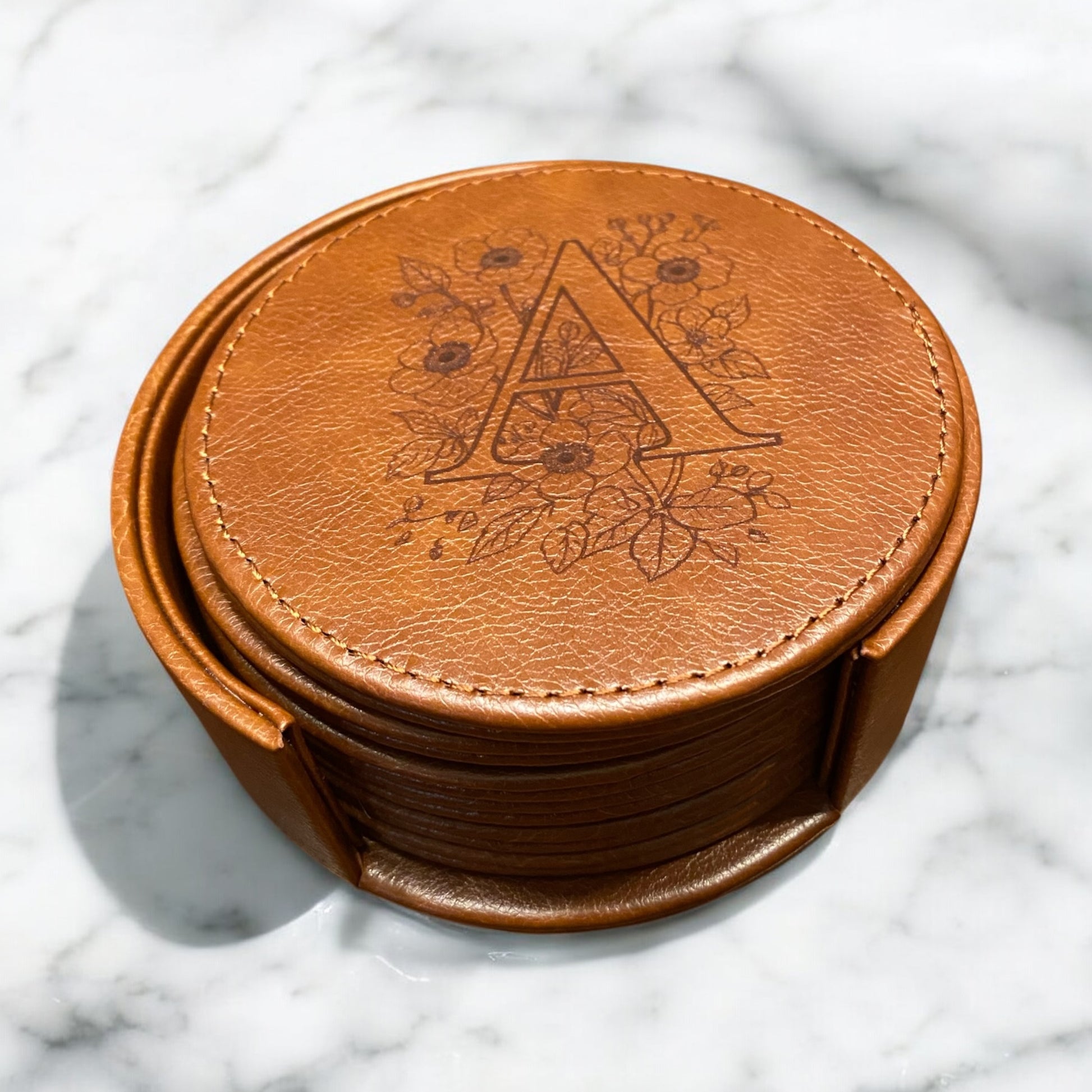 Set of 6 Leather Coasters with Holder - Custom Monogram Single Letter with Flowers, Laser Engraved Gift Set - SystemPoint Solutions