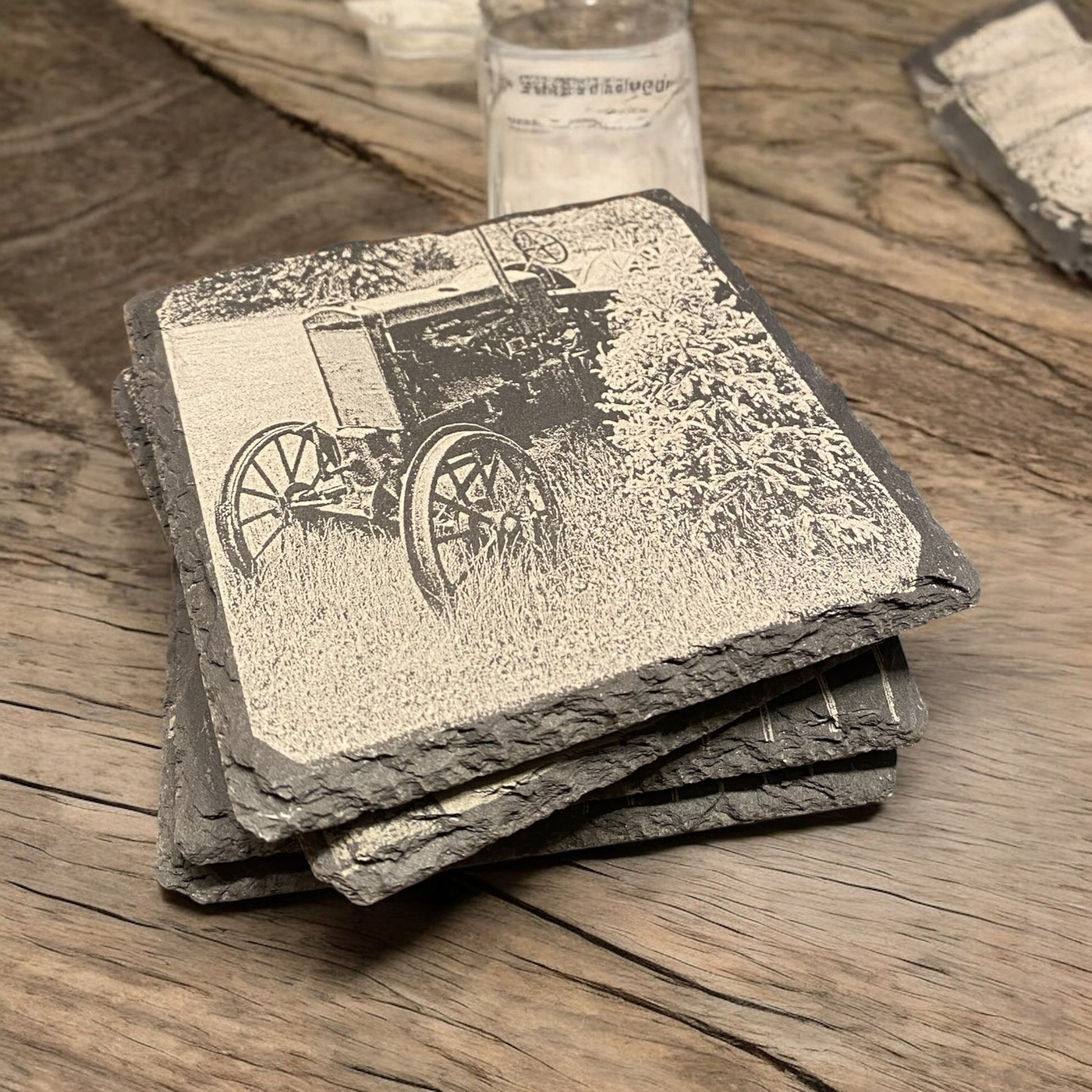 Set of 4 Tractor Scene Slate Coasters - Custom Laser Engraved, Farm Tractor Coasters, Country Life Gift Set - SystemPoint Solutions