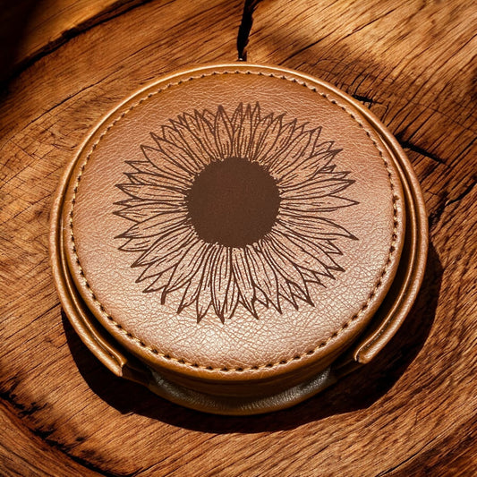 Set of 6 Leather Coasters with Holder - Custom Sunflower Theme, Laser Engraved Gift Set - SystemPoint Solutions