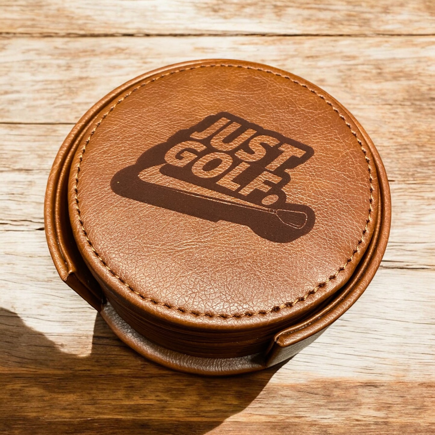 6-Piece Leather Coaster Set with Holder - Custom Laser Engraved 'Just Golf' Design, Golf Lover Gift - SystemPoint Solutions