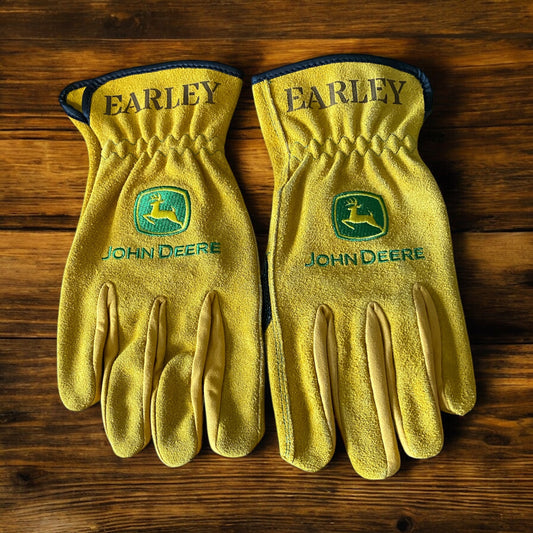 Custom Leather Work Gloves - Personalized John Deere Farming Gloves - Engraved Name Ranch Gloves - Heavy Duty Farm & Ranch Gear - SystemPoint Solutions