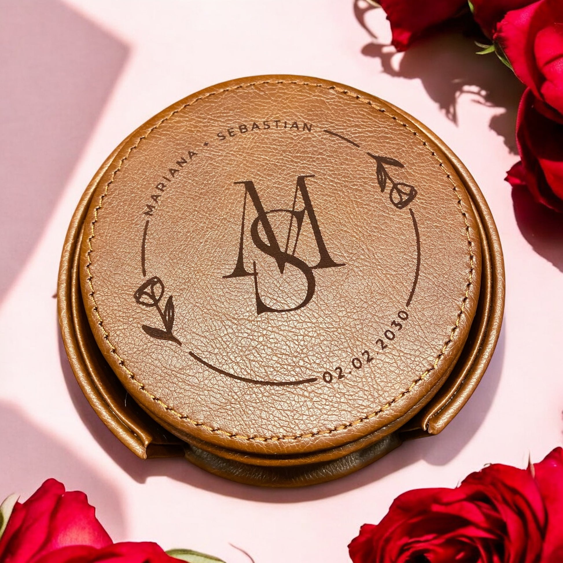 Set of 6 Leather Coasters with Holder - Custom Circle Rose Design Wedding Theme, Initials, Names & Date - SystemPoint Solutions