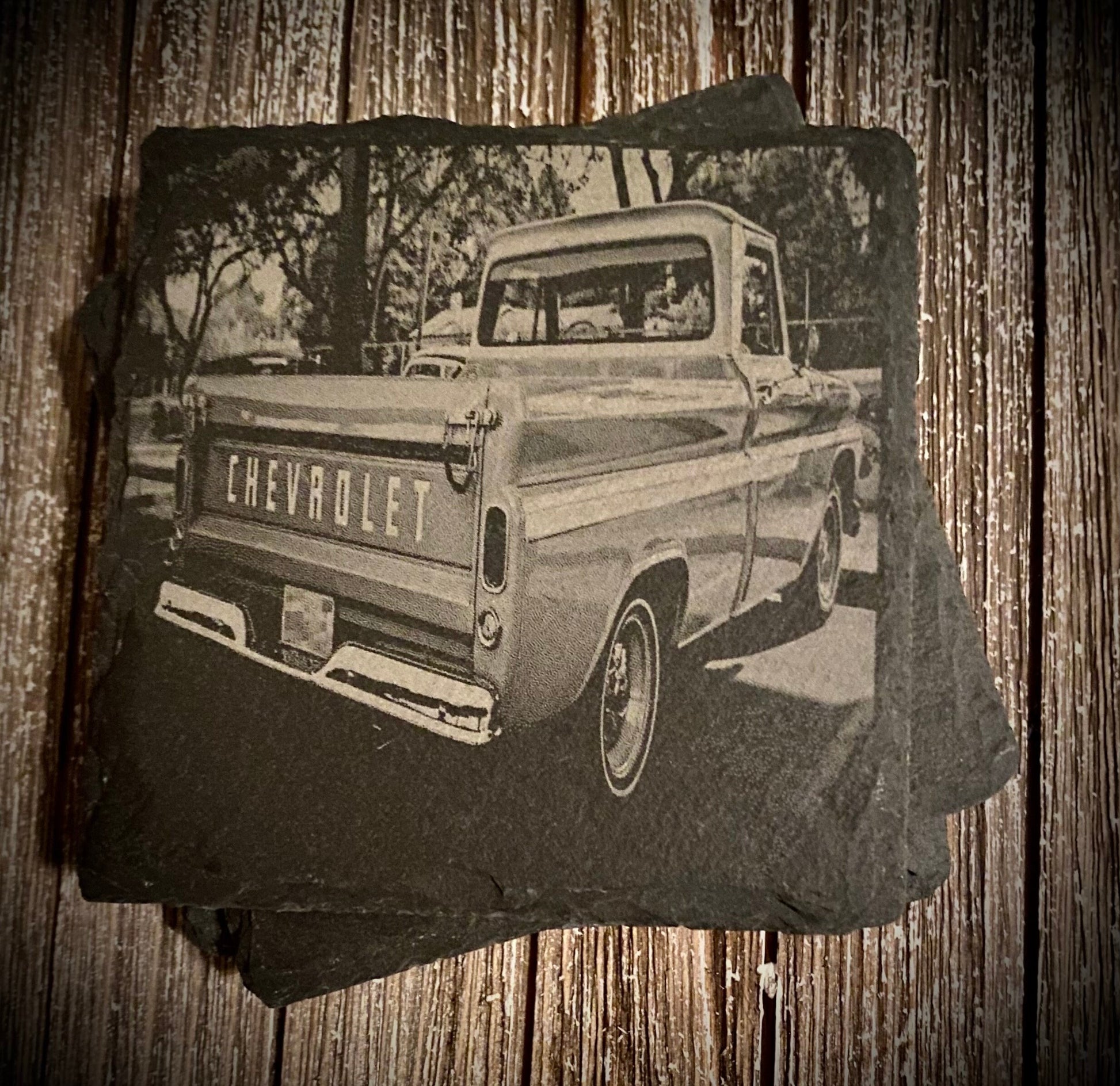 Chevy Coaster Chevrolet Truck Coasters | Set of 4 | Slate Stone Chevrolet Tailgate Truck Scene Coaster Set | Design Chevy Gifts | Classic - SystemPoint Solutions