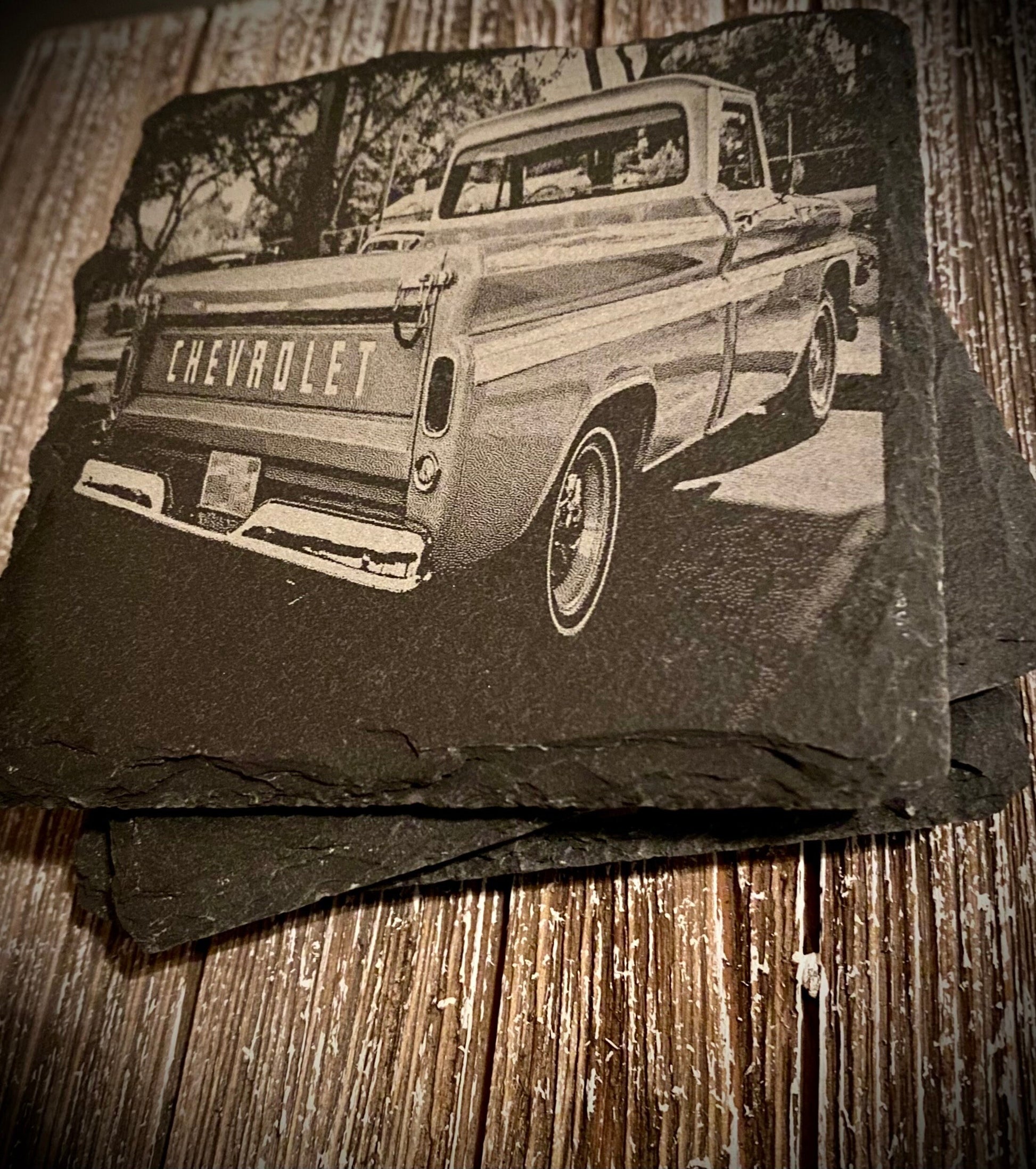 Chevy Coaster Chevrolet Truck Coasters | Set of 4 | Slate Stone Chevrolet Tailgate Truck Scene Coaster Set | Design Chevy Gifts | Classic - SystemPoint Solutions