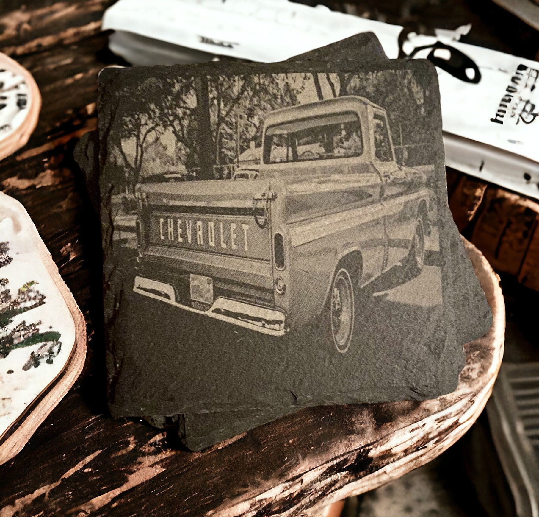 Chevy Coaster Chevrolet Truck Coasters | Set of 4 | Slate Stone Chevrolet Tailgate Truck Scene Coaster Set | Design Chevy Gifts | Classic - SystemPoint Solutions