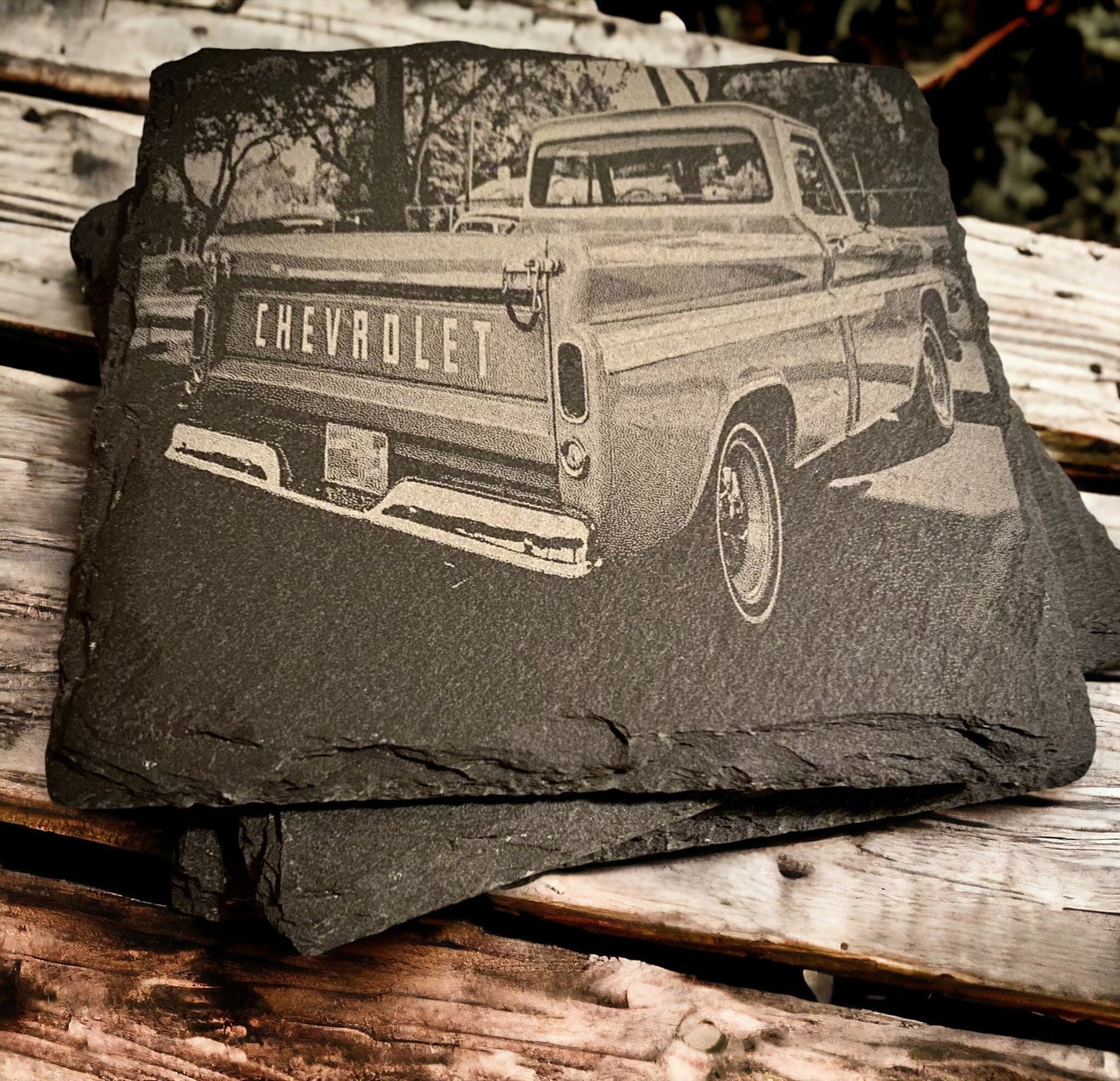 Chevy Coaster Chevrolet Truck Coasters | Set of 4 | Slate Stone Chevrolet Tailgate Truck Scene Coaster Set | Design Chevy Gifts | Classic - SystemPoint Solutions