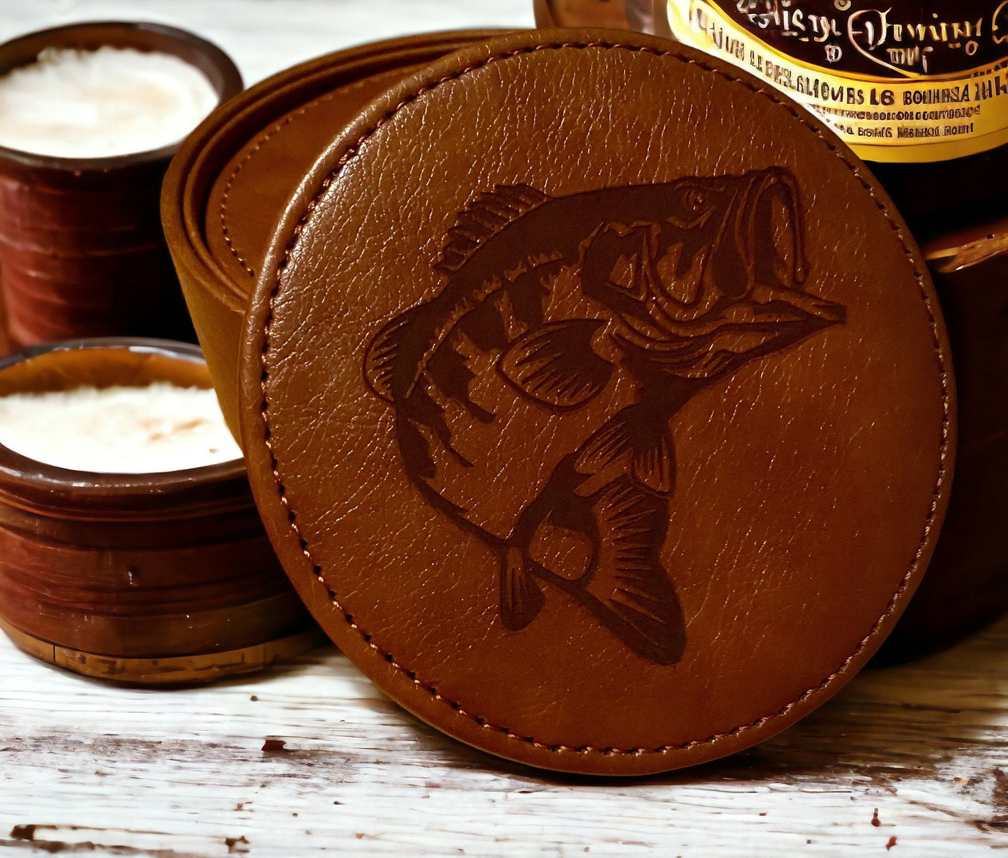 Bass Fish Leather Coaster Set - Handcrafted Drink Coasters - 6 Piece Fishing Coasters with Holder - Rustic Home Decor - SystemPoint Solutions