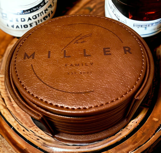 Personalized Leather Coaster Set - Engraved Family Name - 6 Piece Drink Coasters with Holder - SystemPoint Solutions