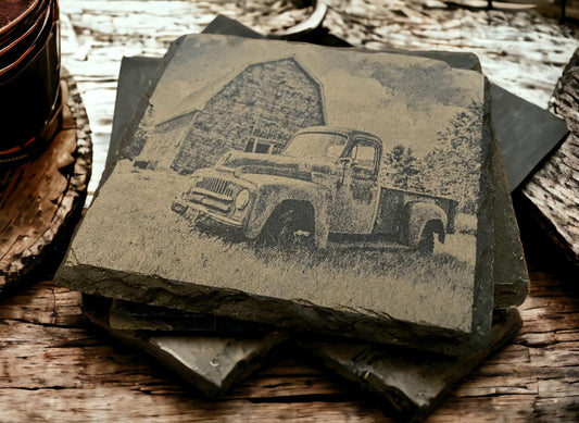 Classic Ford Truck Old Barn Coasters | Set of 4 | Slate Stone Ford Classic Rustic Truck Scene Coaster Set | Design Ford Gifts | Rustic Woods - SystemPoint Solutions