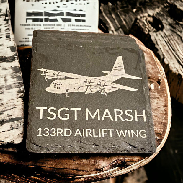 C-130H Military Aircraft, Rank, Name, Base Coasters - Personalized Gift for Military - Set of 4 Drink Coasters - Handmade Military Decor - SystemPoint Solutions