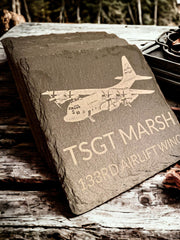 C-130H Military Aircraft, Rank, Name, Base Coasters - Personalized Gift for Military - Set of 4 Drink Coasters - Handmade Military Decor - SystemPoint Solutions
