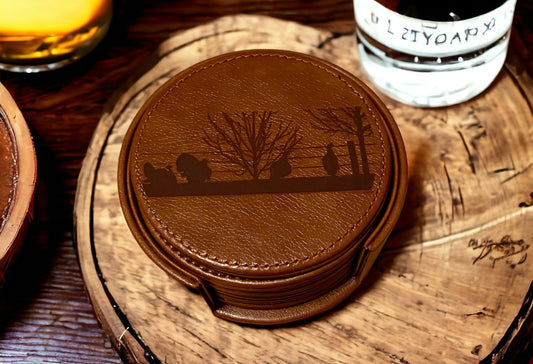 Turkey Wildlife Leather Coaster Set - Handcrafted Drink Coasters - 6 Piece Hunting Coasters with Holder - Rustic Home Decor - SystemPoint Solutions