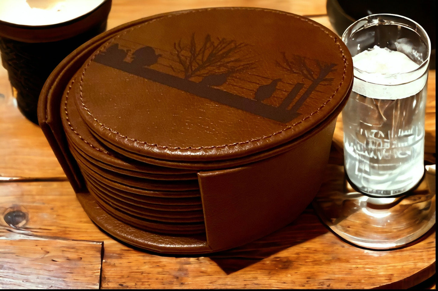 Turkey Wildlife Leather Coaster Set - Handcrafted Drink Coasters - 6 Piece Hunting Coasters with Holder - Rustic Home Decor - SystemPoint Solutions