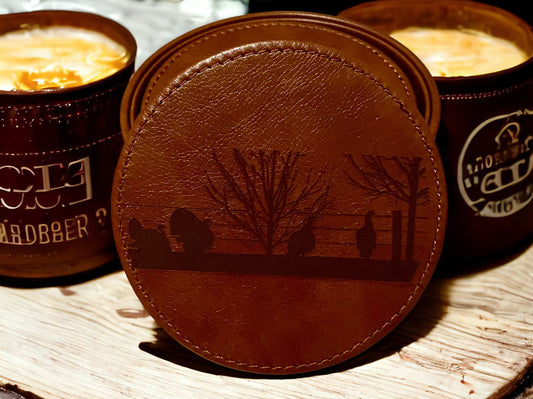 Turkey Wildlife Leather Coaster Set - Handcrafted Drink Coasters - 6 Piece Hunting Coasters with Holder - Rustic Home Decor - SystemPoint Solutions