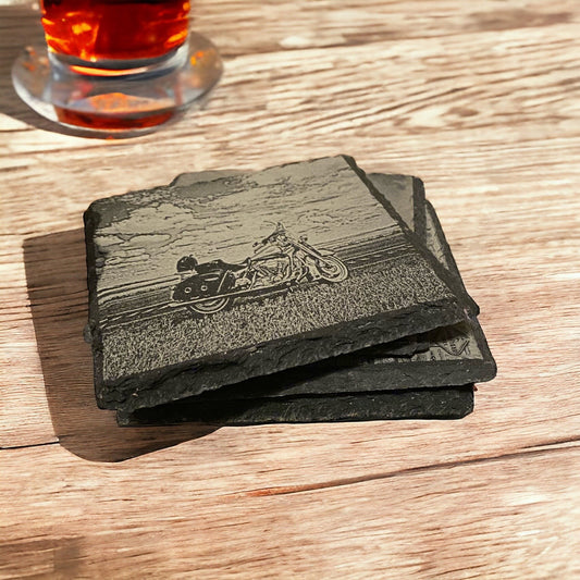 Motorcycle Coaster Set Road Motorcycle Coasters | Set of 4 | Slate Stone Motorcycle Open Road Scene Coaster  | Design Steel Horse Gifts - SystemPoint Solutions