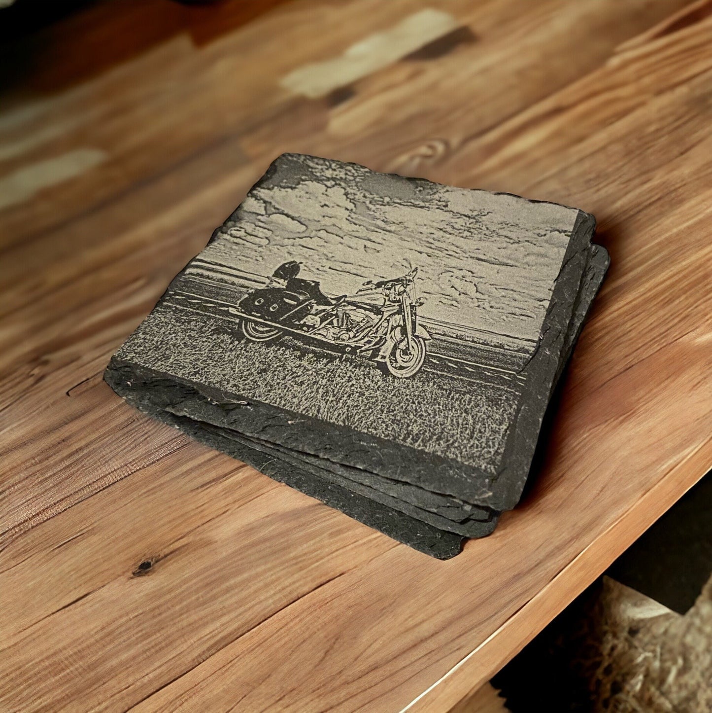 Motorcycle Coaster Set Road Motorcycle Coasters | Set of 4 | Slate Stone Motorcycle Open Road Scene Coaster  | Design Steel Horse Gifts - SystemPoint Solutions