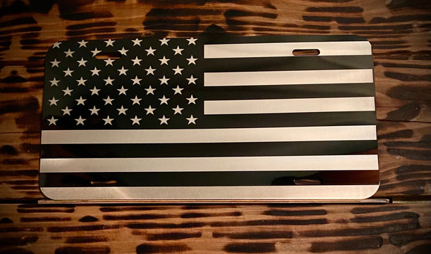 Chrome American Flag License Plate Mirror Black on Brushed Aluminum Composite Mirror Finish Tactical Patriot USA Car Tag USA Made - SystemPoint Solutions