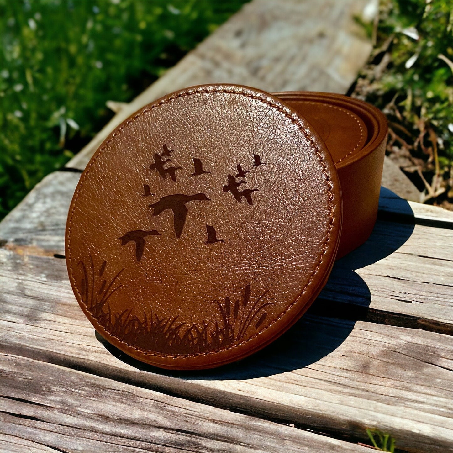 Duck Scenery Leather Coaster Set - Handcrafted Drink Coasters - 6 Piece Wildlife Coasters with Holder - Rustic Home Decor - SystemPoint Solutions