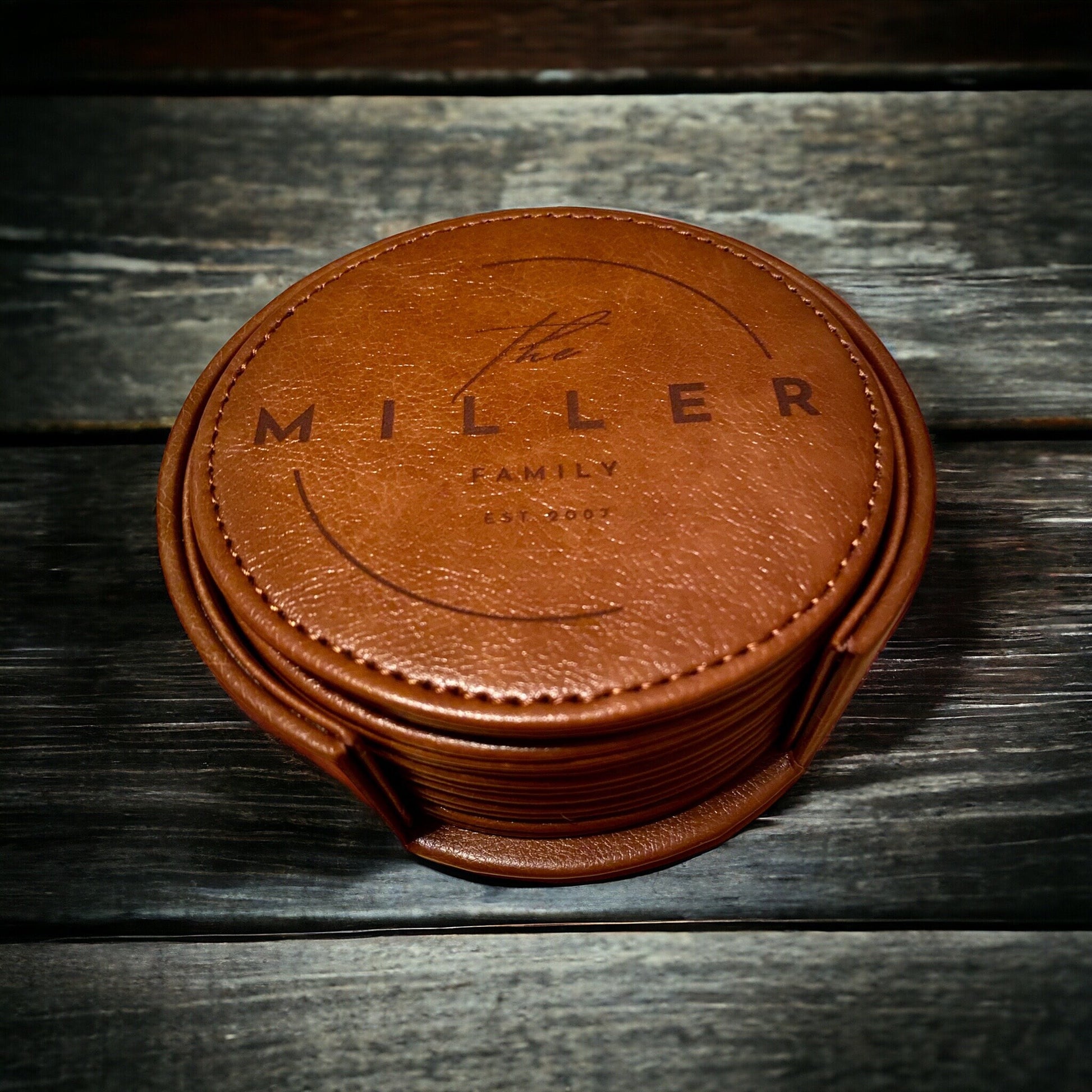 Personalized Leather Coaster Set - Engraved Family Name - 6 Piece Drink Coasters with Holder - SystemPoint Solutions