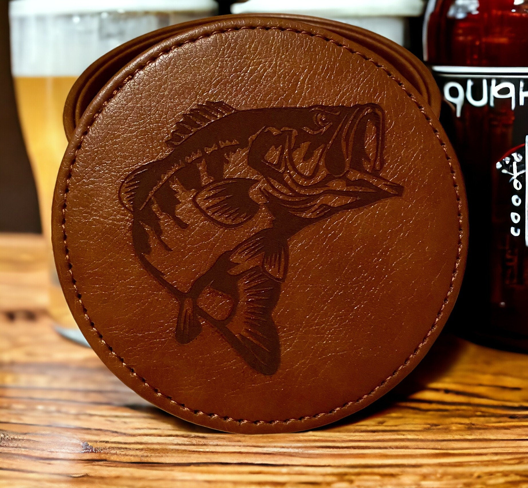 Bass Fish Leather Coaster Set - Handcrafted Drink Coasters - 6 Piece Fishing Coasters with Holder - Rustic Home Decor - SystemPoint Solutions