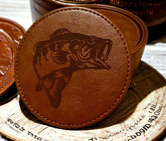 Bass Fish Leather Coaster Set - Handcrafted Drink Coasters - 6 Piece Fishing Coasters with Holder - Rustic Home Decor - SystemPoint Solutions