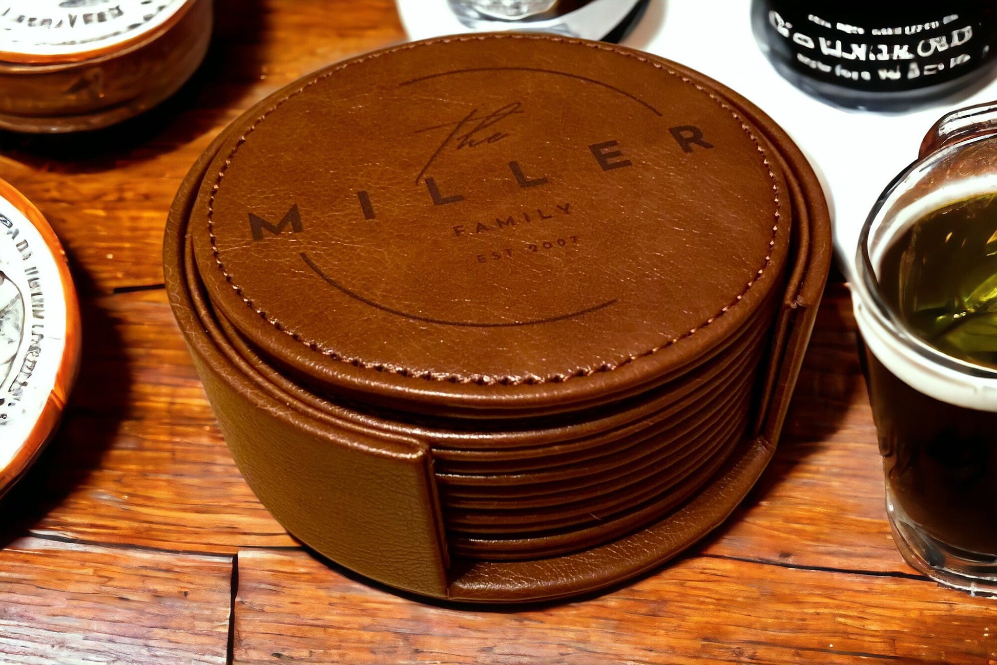 Personalized Leather Coaster Set - Engraved Family Name - 6 Piece Drink Coasters with Holder - SystemPoint Solutions