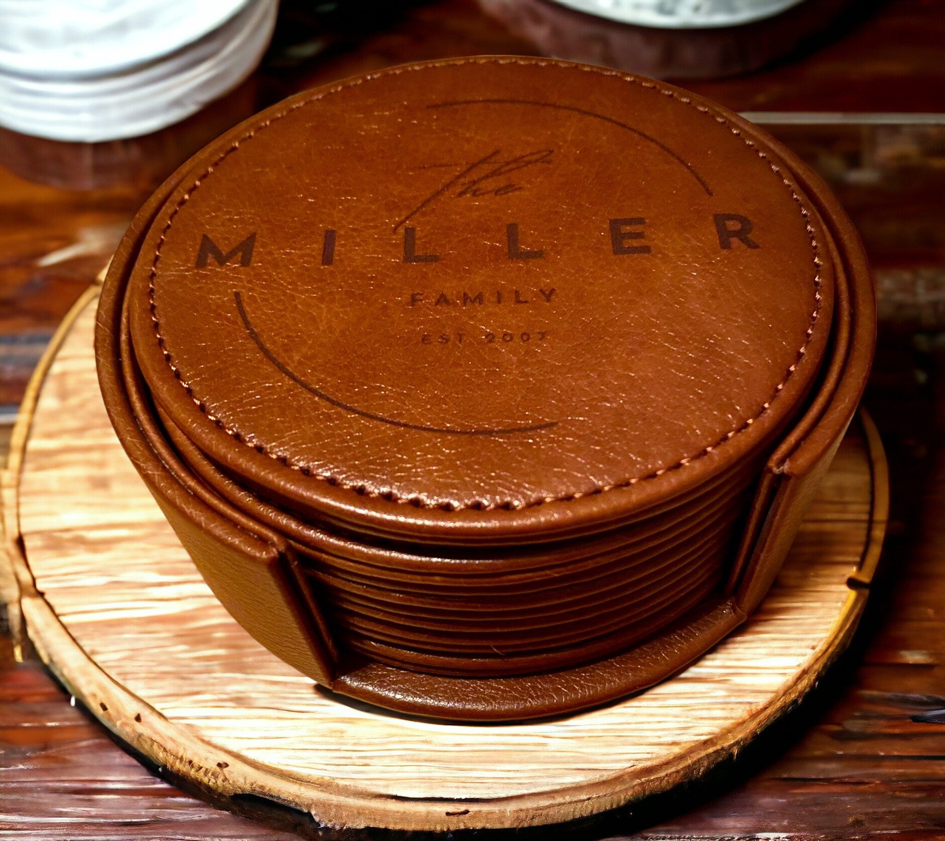 Personalized Leather Coaster Set - Engraved Family Name - 6 Piece Drink Coasters with Holder - SystemPoint Solutions