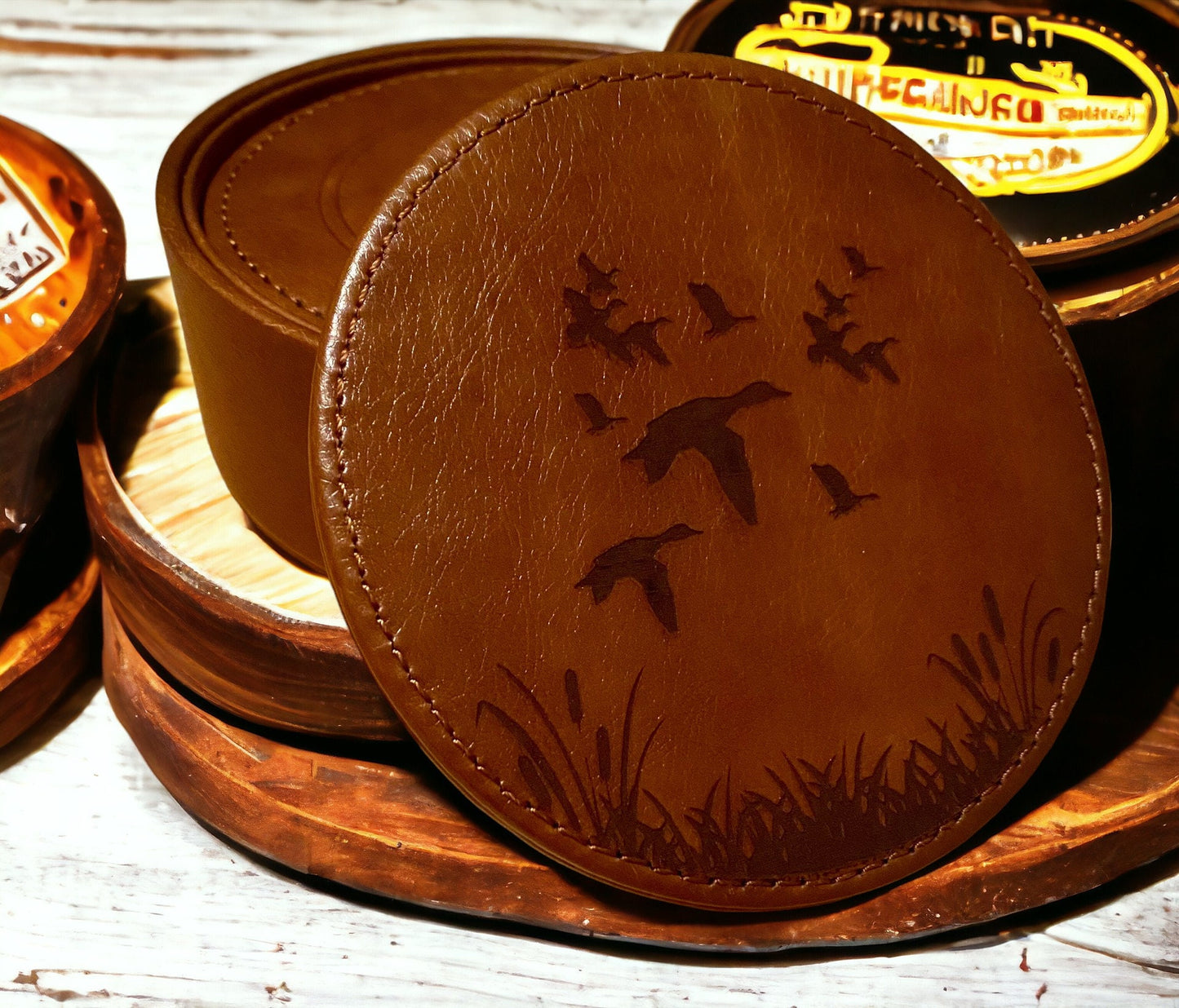 Duck Scenery Leather Coaster Set - Handcrafted Drink Coasters - 6 Piece Wildlife Coasters with Holder - Rustic Home Decor - SystemPoint Solutions