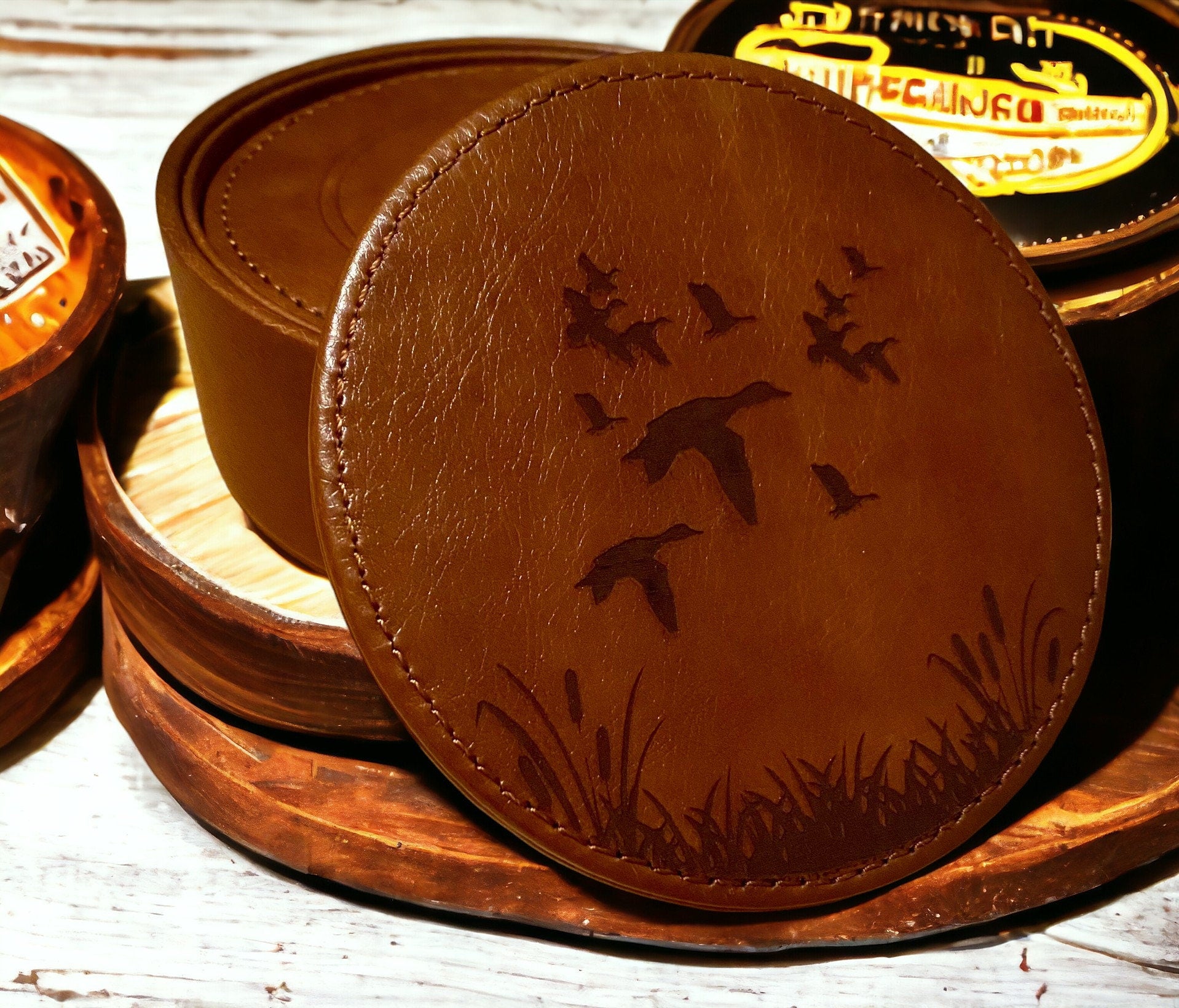 Duck Scenery Leather Coaster Set - Handcrafted Drink Coasters - 6 Piece Wildlife Coasters with Holder - Rustic Home Decor - SystemPoint Solutions