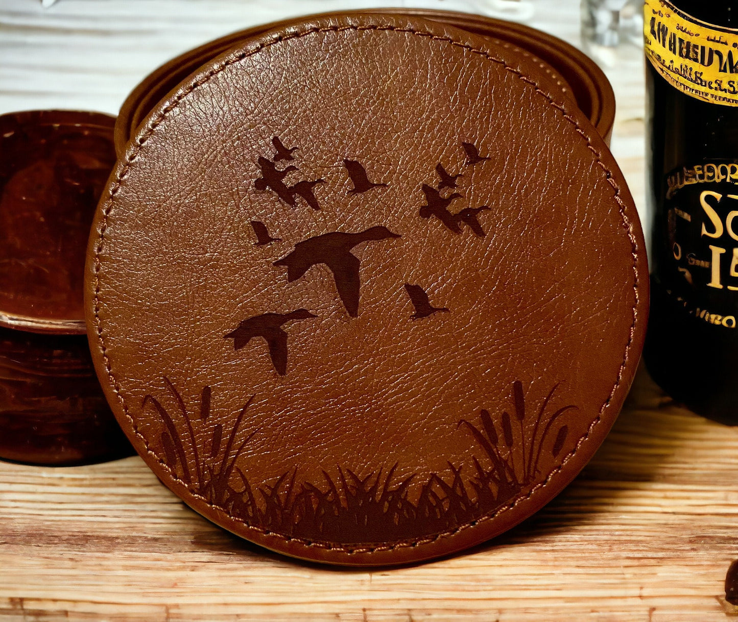 Duck Scenery Leather Coaster Set - Handcrafted Drink Coasters - 6 Piece Wildlife Coasters with Holder - Rustic Home Decor - SystemPoint Solutions