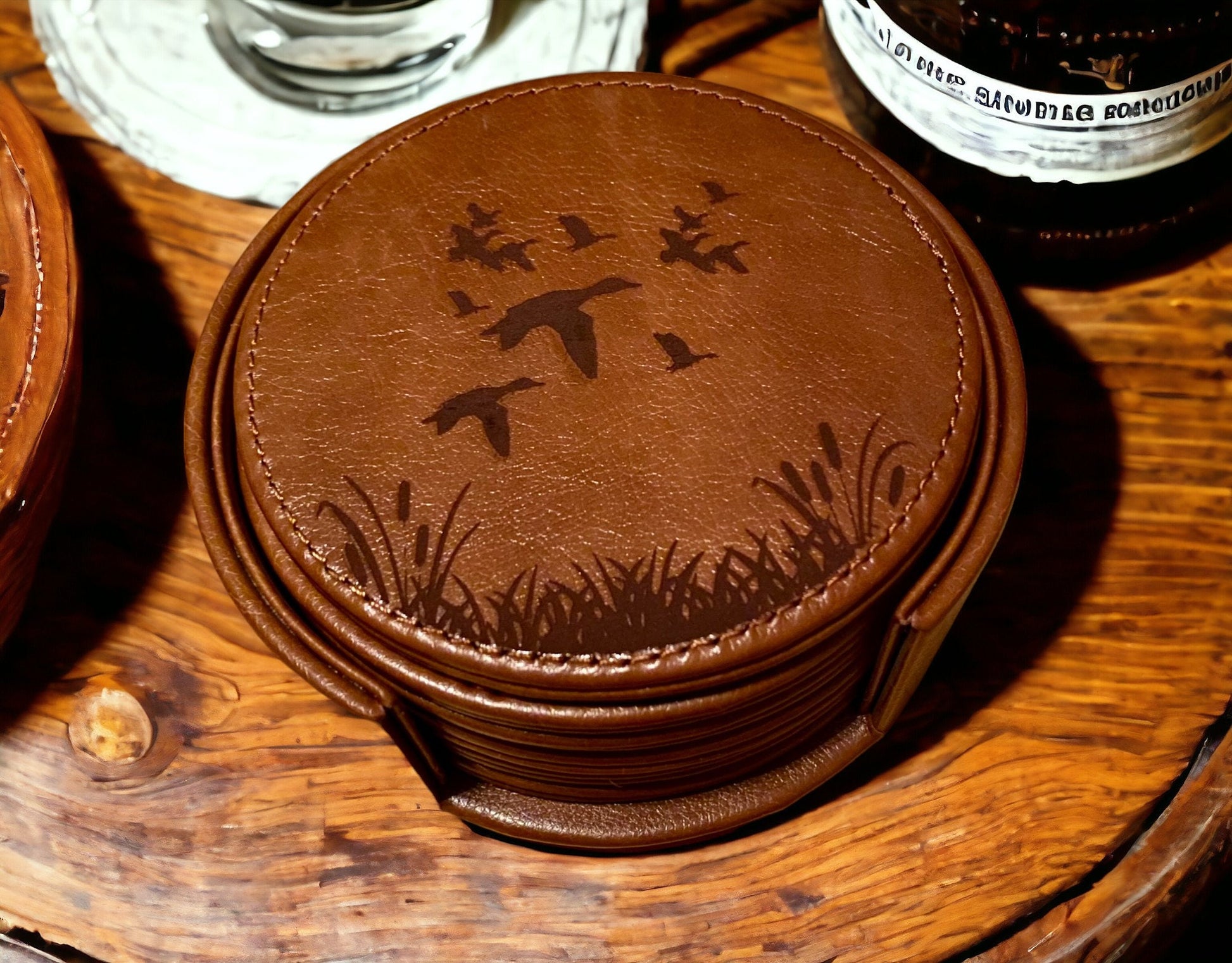 Duck Scenery Leather Coaster Set - Handcrafted Drink Coasters - 6 Piece Wildlife Coasters with Holder - Rustic Home Decor - SystemPoint Solutions