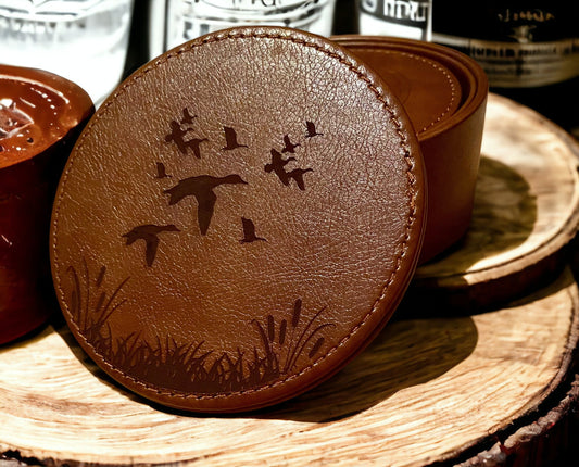 Duck Scenery Leather Coaster Set - Handcrafted Drink Coasters - 6 Piece Wildlife Coasters with Holder - Rustic Home Decor - SystemPoint Solutions